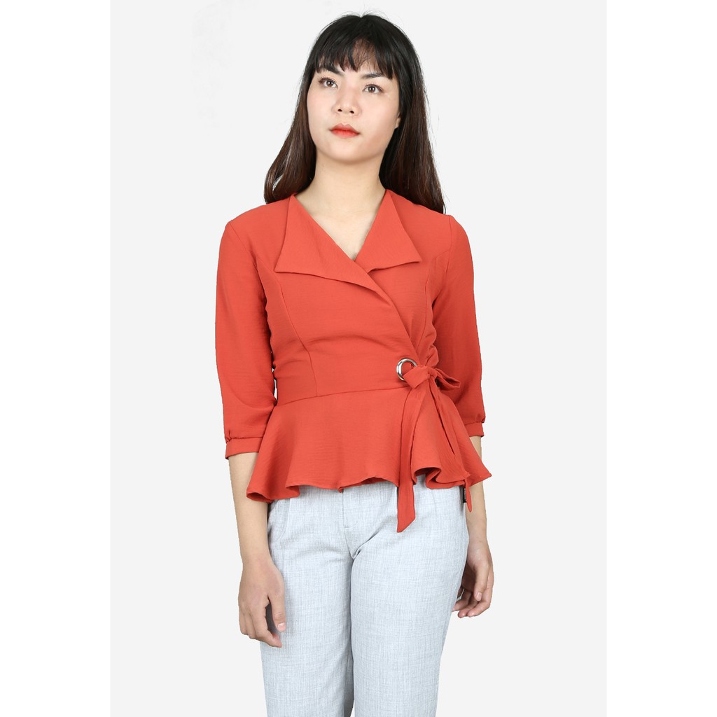 Áo sơ mi tay lỡ vải nhăn cam đất vạt chéo cổ ve lật buộc ô rê dây nơ The One Fashion ADV2371CAD