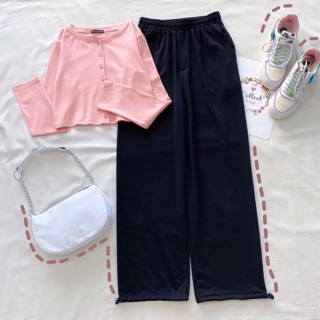 Set LongPants Basic-CropTop Nút Basic Tay Dài Ảnh Thật 100%