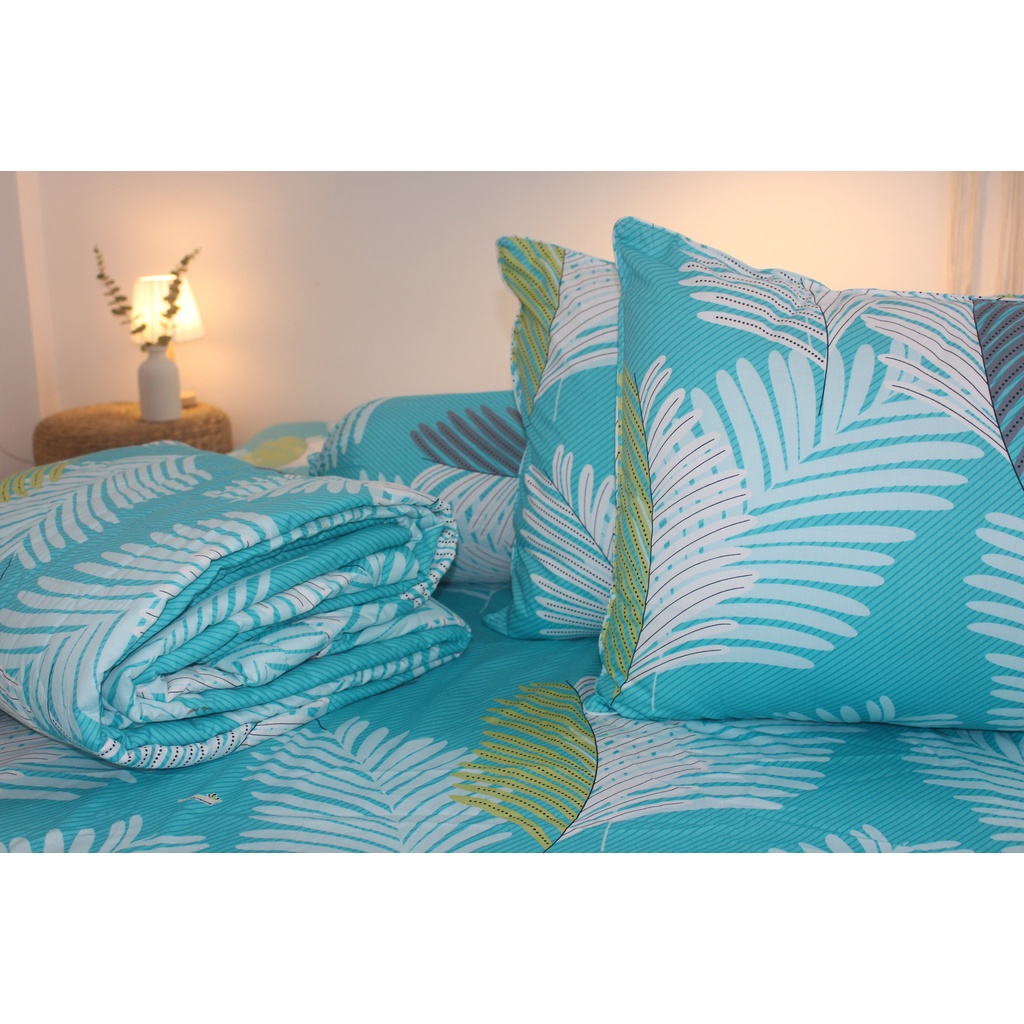 Bộ drap 4 món Cotton - Mẫu Lá Dừa Xanh