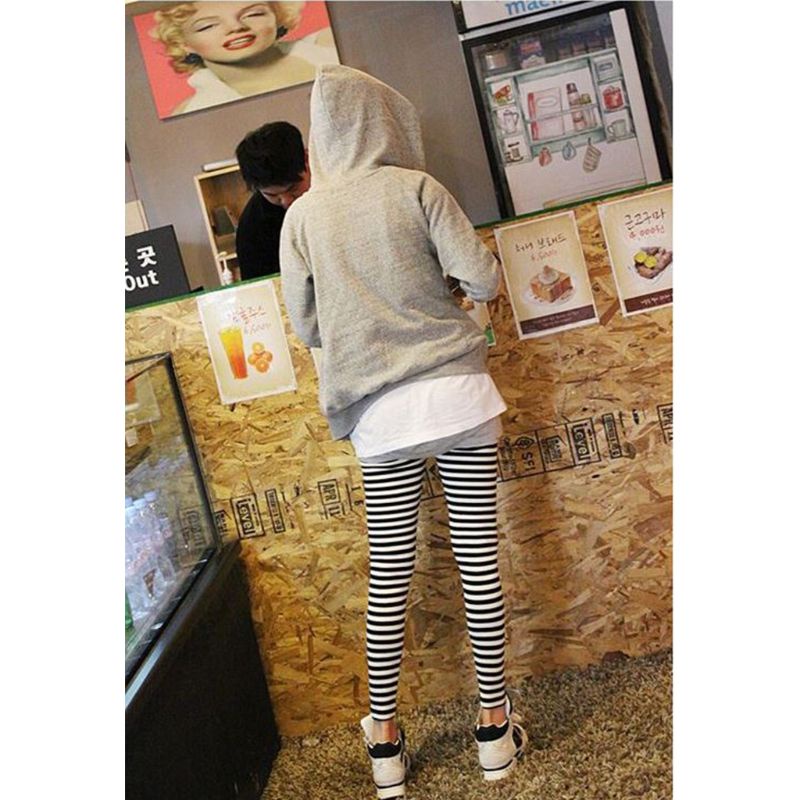 Quần legging dài đến mắt cá chân họa tiết kẻ sọc trắng đen cho nữ
