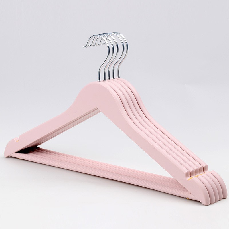 Móc gỗ treo quần áo thanh ngang hồng đầu móc tròn vàng (10 móc)