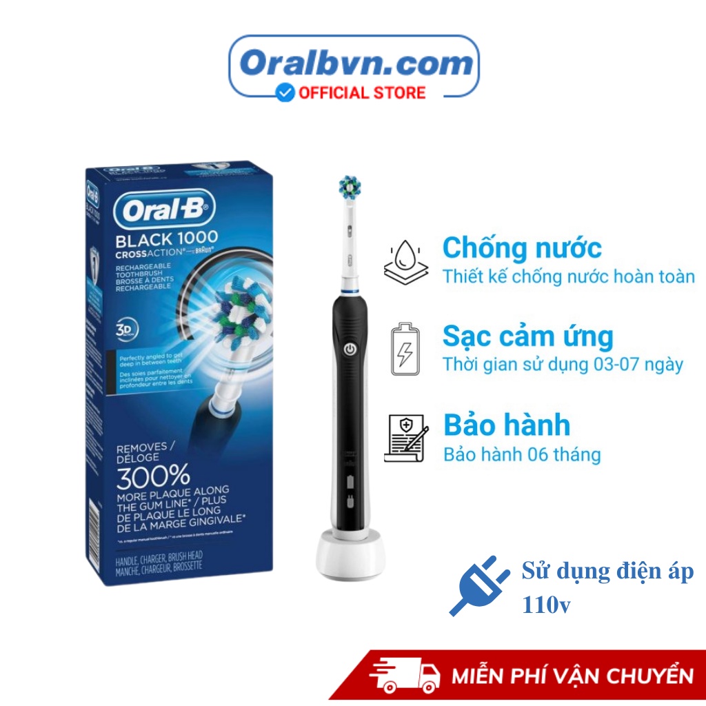 Bàn chải điện đánh răng tự động Oral B Pro 1000 đen làm sạch răng, hạn chế viêm nướu