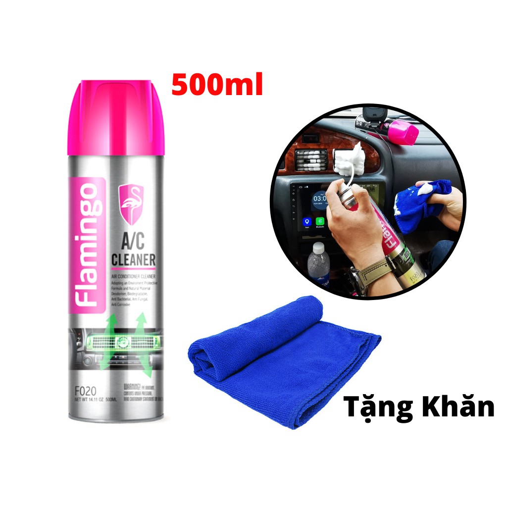 Bình Xịt Vệ Sinh Khử Mùi Điều Hòa Ô Tô Hương Thơm Mát Flamingo F020 500ml Tặng Khăn