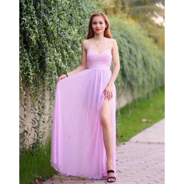 Đầm maxi xẻ tà đan dây màu tím siu iu