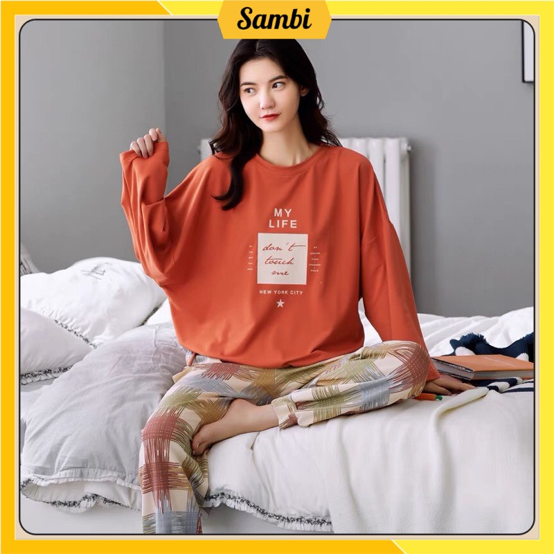 Bộ đồ thu đông nữ Sambi dài tay mặc nhà quần kẻ quần áo ngủ nữ phối hoạ tiết dễ thương | BigBuy360 - bigbuy360.vn