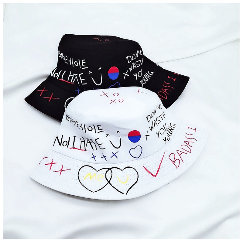 Mũ bucket graffiti phong cách Hàn Quốc, nón tai bèo vành tròn rộng form unisex nam nữ nhiều màu - B02