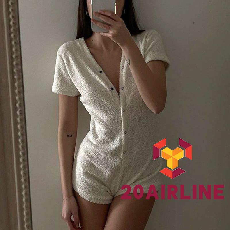 Bộ áo liền quần tay ngắn cổ chữ V cài nút màu trơn bằng vải bông thời trang cho nữ | BigBuy360 - bigbuy360.vn