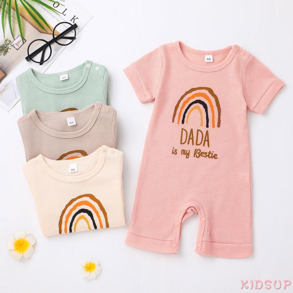Bộ Áo Liền Quần Cổ Tròn Tay Ngắn Thoáng Khí In Họa Tiết Cầu Vồng Xinh Xắn Cho Bé