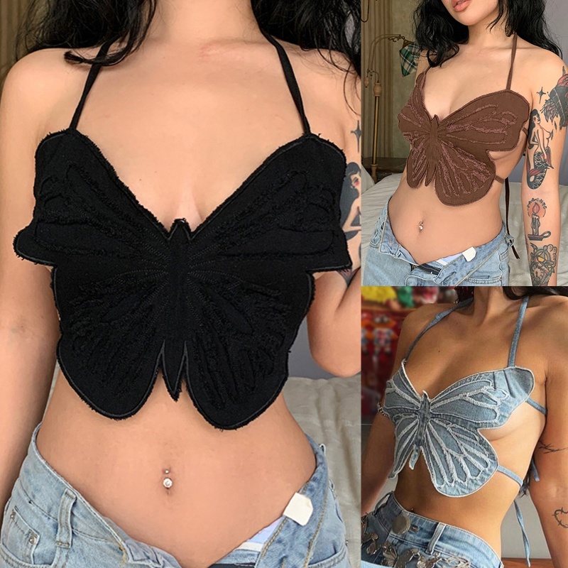 Áo denim hai dây quyến rũ hình cánh bướm cho nữ