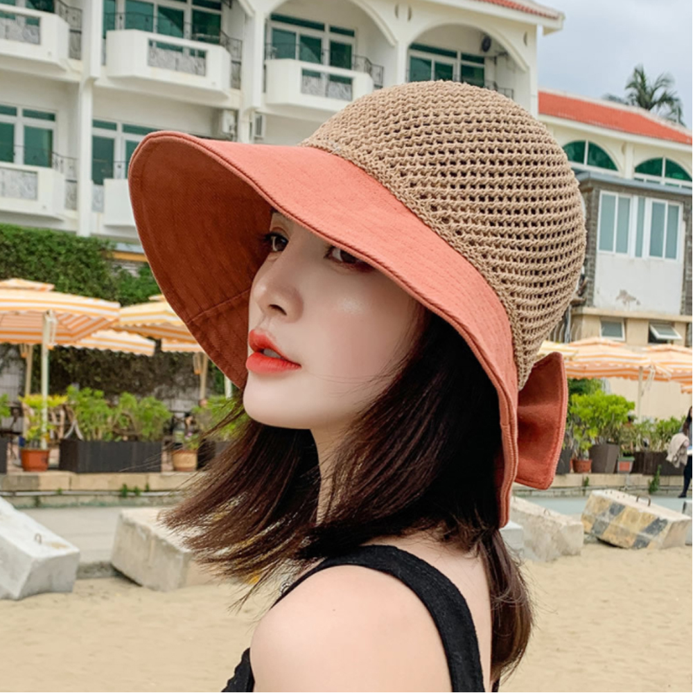 Mũ rộng vành chống tia uv đính nơ có thể gấp gọn tiện dụng thời trang đi biển cho nữ