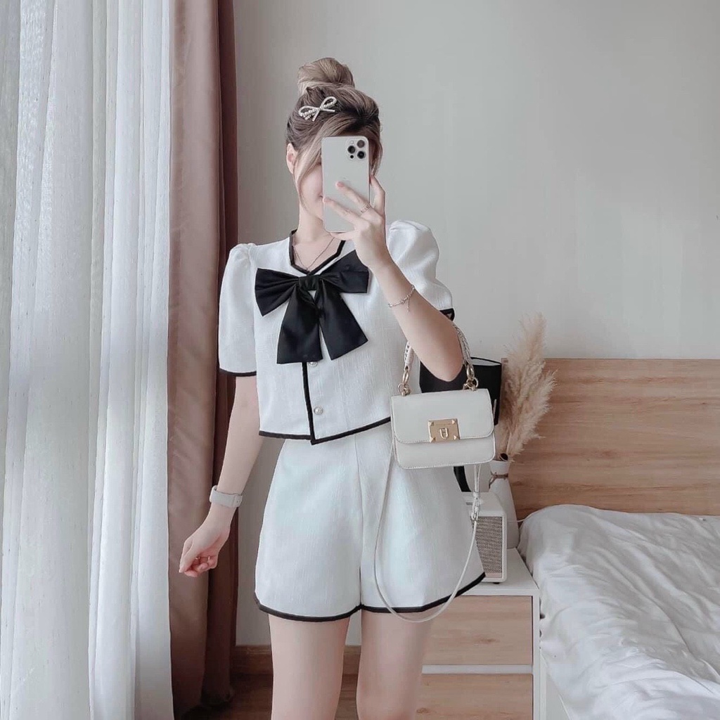 Sét Bộ Đùi Xốp Viền Áo Cài Nút Phối Nơ  Thời Trang Nữ Sam Closet Free Size 40-55kg