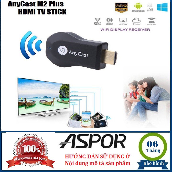 Thiết bị HDMI không dây Anycast M2 plus, Kết nối HDMI điện thoại với TV, chơi game mobile trên màn hình Tivi