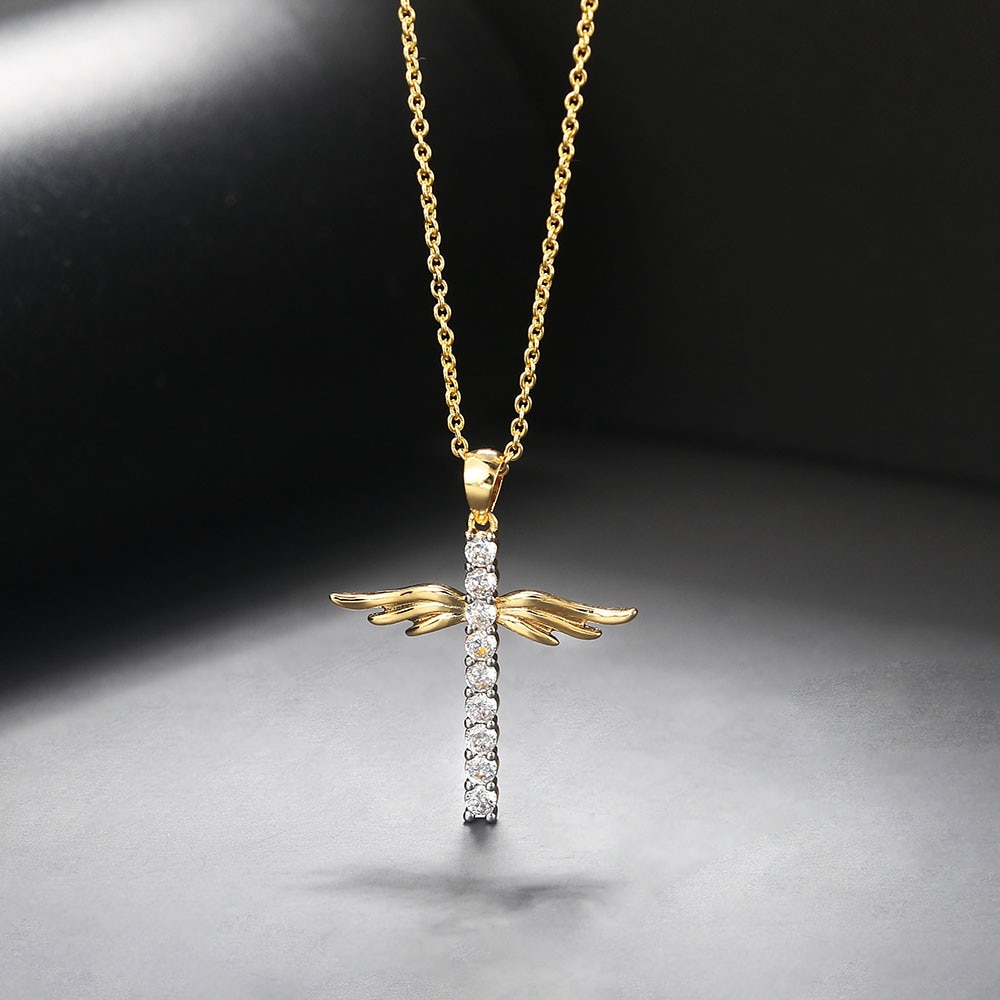 Mặt dây chuyền Vòng cổ cho Phụ nữ Đôi cánh thiên thần Thập tự giá Zircon Vàng nhạt Màu sắc Choker Chuỗi Quà tặng Đồ trang sức Bán buôn N229