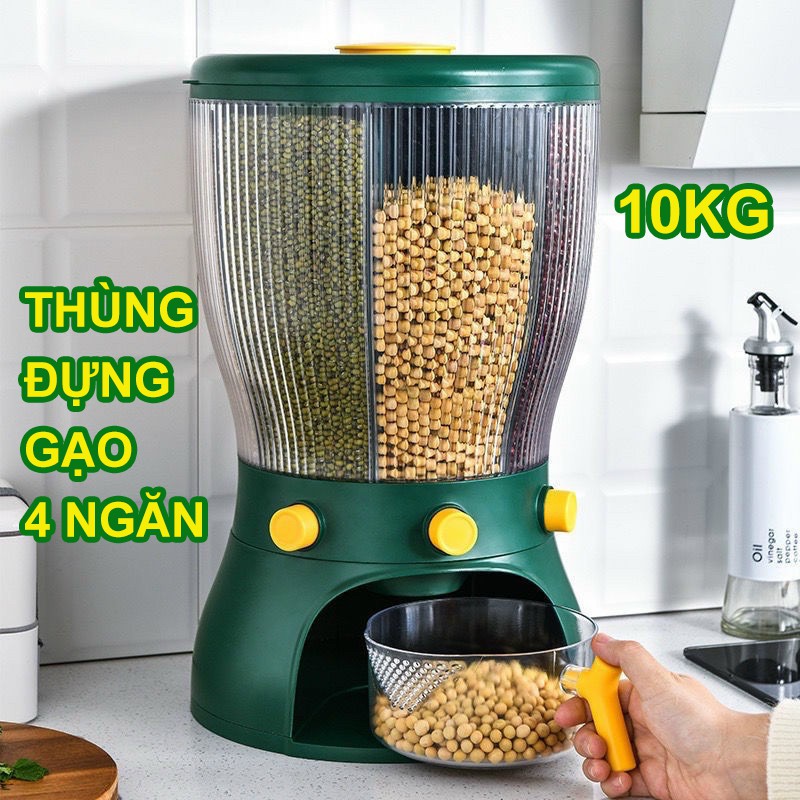 Thùng đựng gạo và ngũ cốc 4 ngăn thông minh, Dung tích 10kg, Có nút bấm dễ dàng [tặng kèm ca]