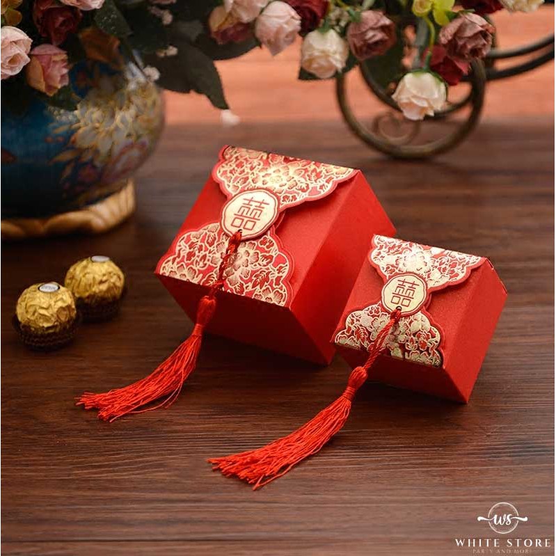 Hộp Vuông Đỏ Chữ Hỷ ép kim vàng đựng quà cưới sang chảnh - WhiteStore.vn | BigBuy360 - bigbuy360.vn