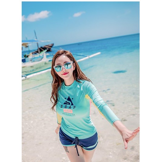 Đồ bơi tay dài nữ, xanh lá cây phối tay vàng 2 mảnh | BigBuy360 - bigbuy360.vn