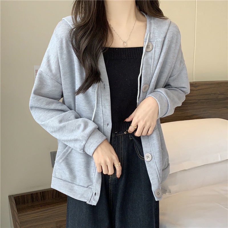 Áo khoác hoodie SUXI tay dài màu sắc đơn giản cho phái nữ