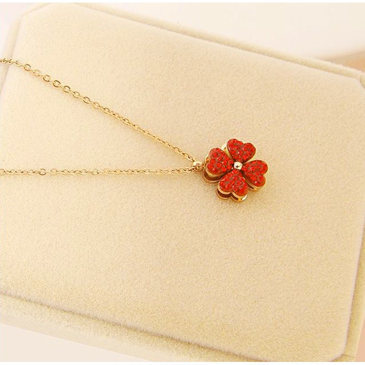 DÂY CHUYỀN TITAN VÀNG 24K CỎ 4 LÁ MÀU ĐỎ TN164 siêu đẹp ,bền màu, sang trọng, đẳng cấp