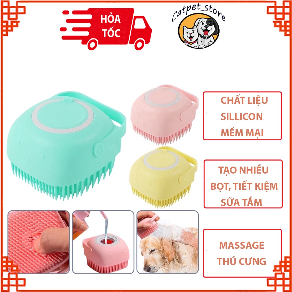 Bàn chải tắm massage cho chó mèo đầu silicon massage tạo bọt nhanh tiết kiệm nước có khay đựng sữa tắm