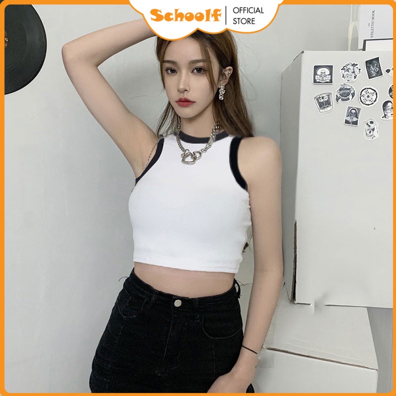 Áo 3 lỗ Croptop cổ tròn ôm Body cực Xinh màu trắng viền đen - Chất vải Cotton giãn mềm mại cực sang | SchoolF