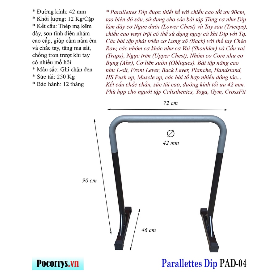 Xà kép Parallettes Dip cao 90cm, Pocorrys PAD-04, Màu ghi chân đen