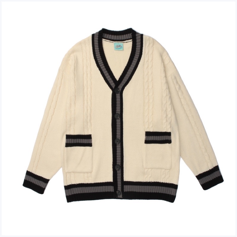 Áo khoác Cardigan dệt kim dài tay cổ chữ V có ren màu đơn giản áo len nam và nữ áo len rộng rãi và giản dị