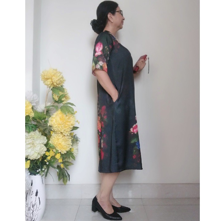 Váy Đầm Trung Niên Suông A Che Bụng - Vải Lụa Cát Mịn - Có 2 Túi - Size 50kg - 90kg | BigBuy360 - bigbuy360.vn