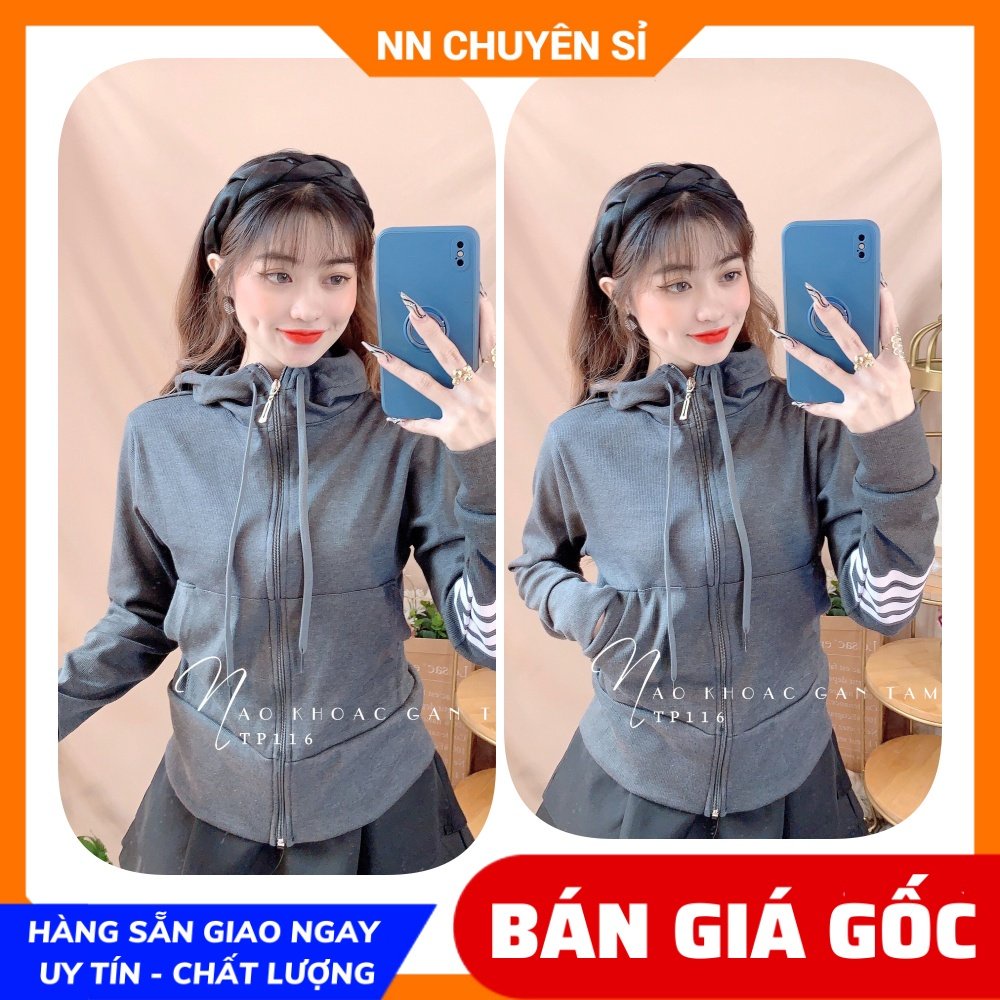 Áo khoác chống nắng nữ có nón chất thun gân tăm mềm co giãn lên phom ôm dáng phối sọc dễ thương TP116