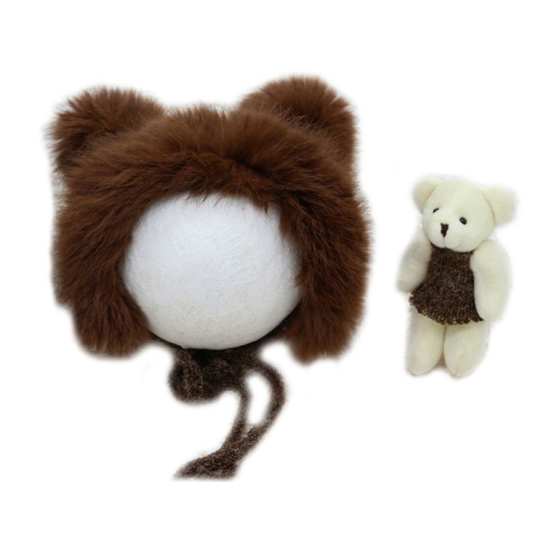 Set 2 Món Đồ Chơi Gấu Bông Đội Mũ Đan Len Dễ Thương Dùng Làm Đạo Cụ Chụp Ảnh Cho Bé Sơ Sinh