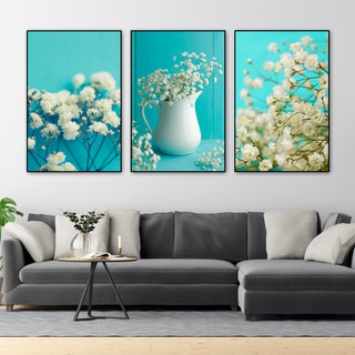 Tranh treo tường canvas hoa baby trắng decor trang trí phòng khách và phòng ngủ có khung cao cấp bộ 3 bức khổ lớn 40x60