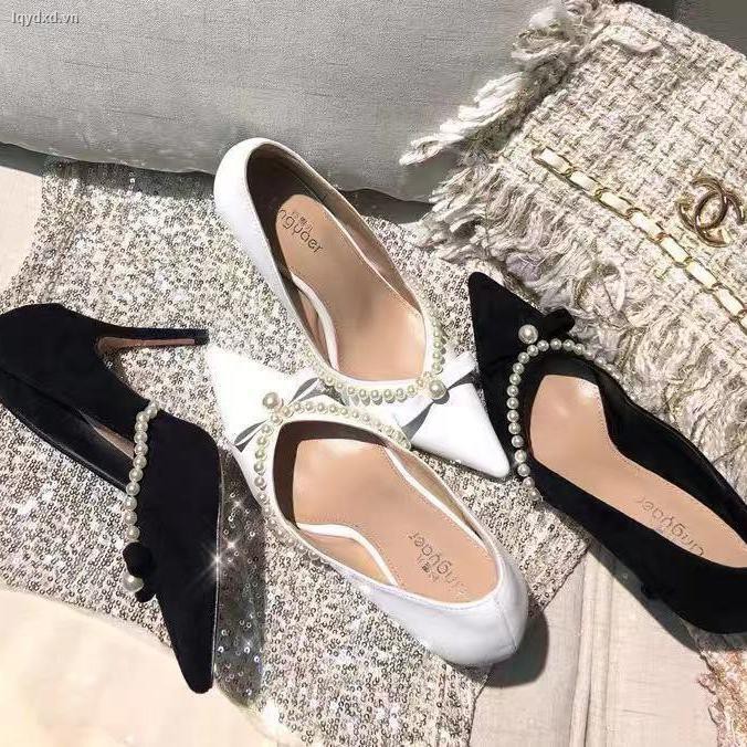 Giày cao gót mũi nhọn đính ngọc trai giả sang trọng cho nữ
