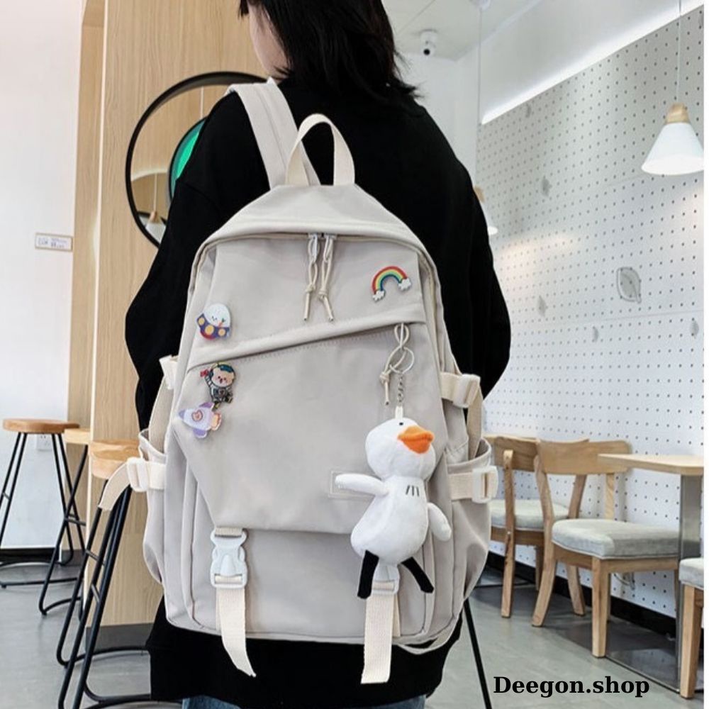 Balo Nữ Đi Học Đẹp Giá Rẻ Tặng Kèm Huy Hiệu Cài Dễ Thương ,Balo Thời Trang Ulzzang Hàn Quốc Màu Trắng Vải Chốn