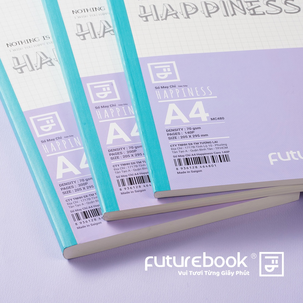 Sổ May Chỉ Dán Gáy Happiness A4- Dòng kẻ Caro- 70GSM- Phong cách Nhật Bản. VPP FUTUREBOOK. Giao mẫu ngẫu nhiên.