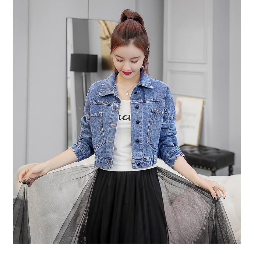 listree Women's Port Wind Korean Student Long Sleeve Short Denim Jacket Thin Coats