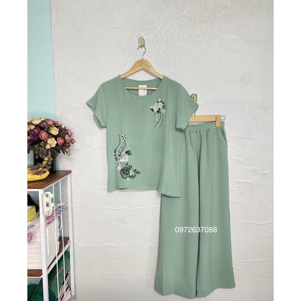 Bộ Đồ Trung Niên- Bộ Đũi Thêu 2 Bông Dành Cho Người Lơn Tuổi May SHop