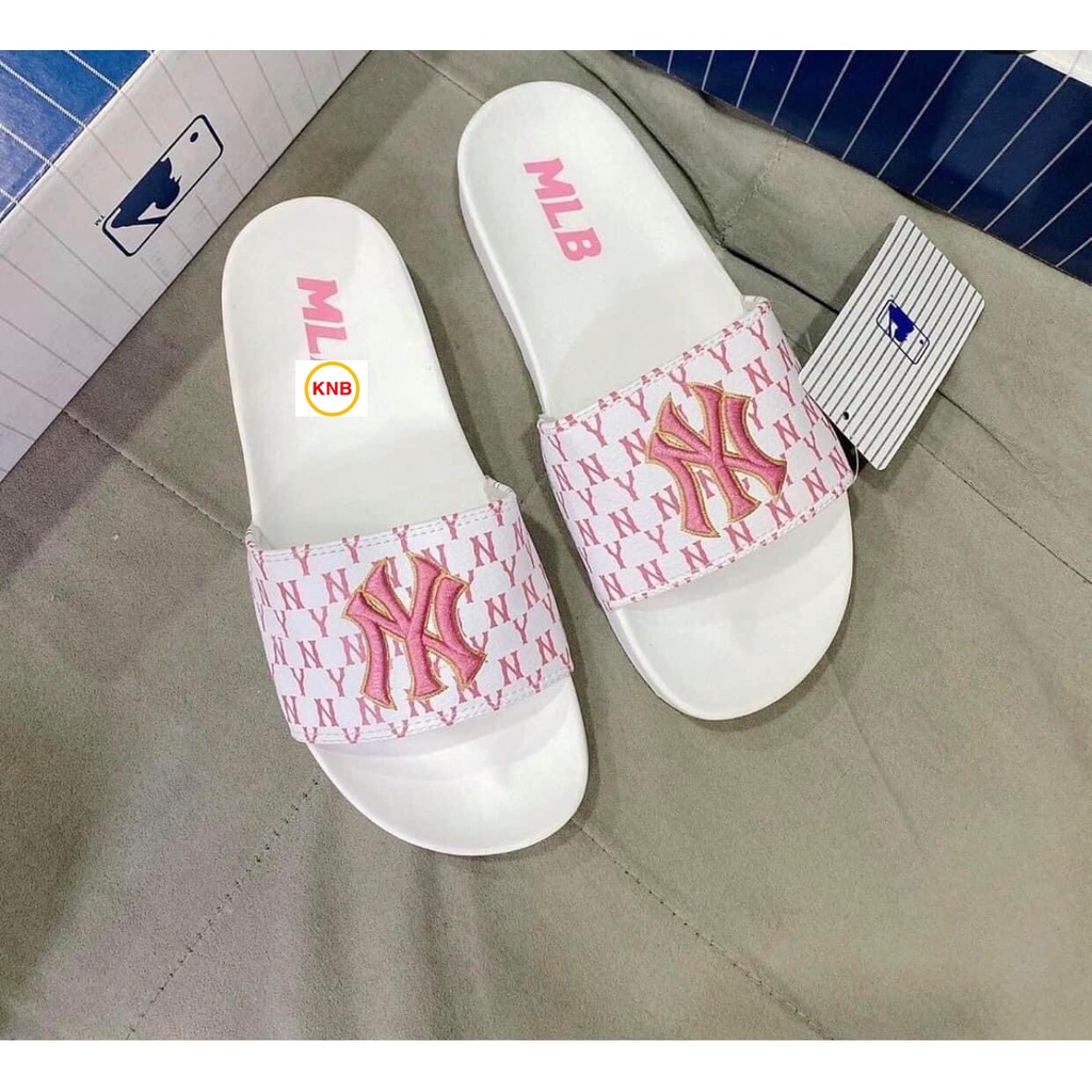 Dép 𝐌𝐋𝐁 UNISEX mẫu dép thể thao ❤️ Freeship + Hộp ❤️ Dép NY bóng chày quai ngang nam nữ chữ thêu nỗi kèm mác trắng hồng