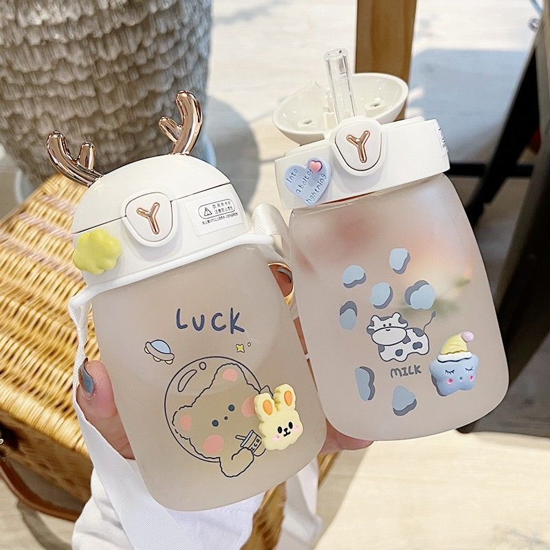 Bình Nước Thủy Tinh Có Ống Hút Dễ Thương Xinh Xắn Dành Cho Người Lớn Và Trẻ Em