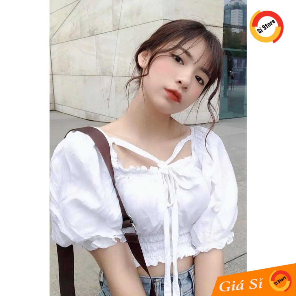 Áo Croptop Chun Eo Thắt Dây Trước Ngực VINA (TRẮNG)