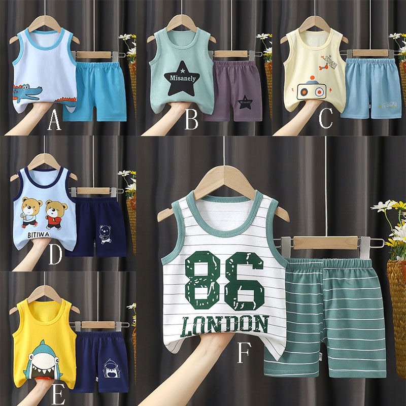 Set 2 món SANITKUN gồm áo thun cotton không tay và quần short thấm hút mồ hôi in hoạt hình dễ thương cho bé trai bé gái