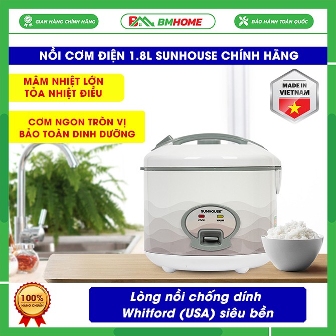 Nồi cơm điện 1.8 SUNHOUSE SHD8602, Nồi cơm điện SUNHOUSE siêu bền, nấu cơm ngon, chín đều - Bảo hành 12 tháng