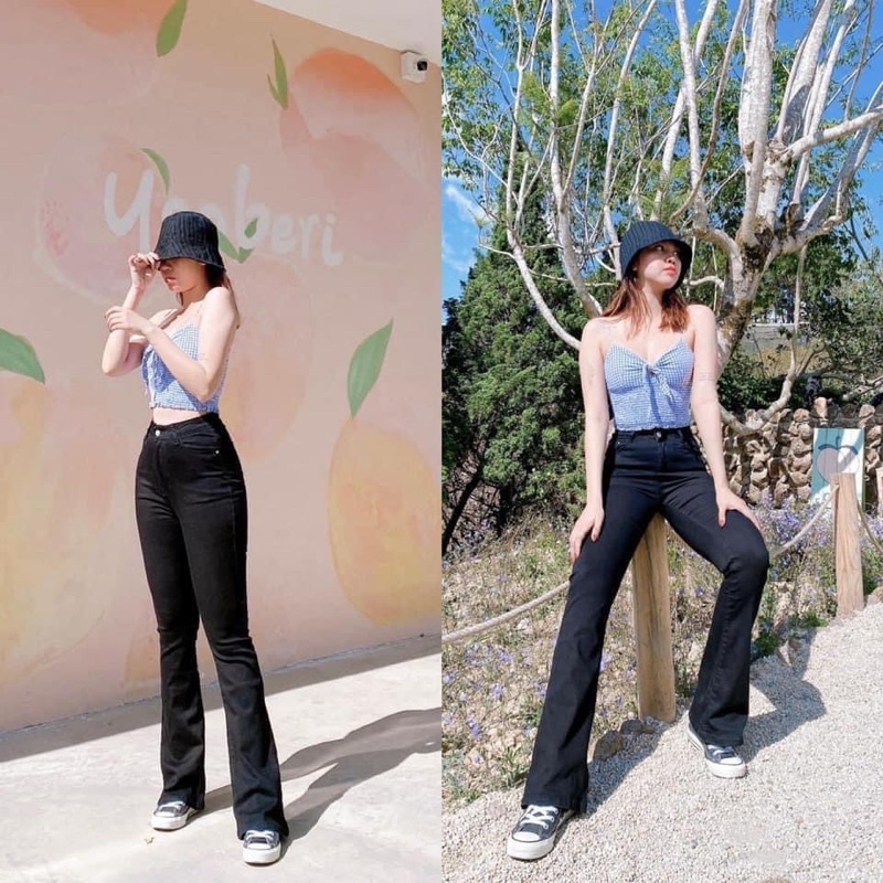 Quần jeans loe cạp cao phom dài may gấu chất bò dãn hack chân