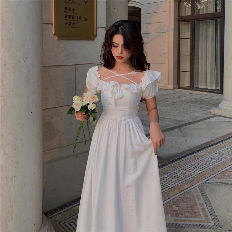 ĐẦM CỔ BÈO NƠ CHÉO DÂY NGỰC MIDI