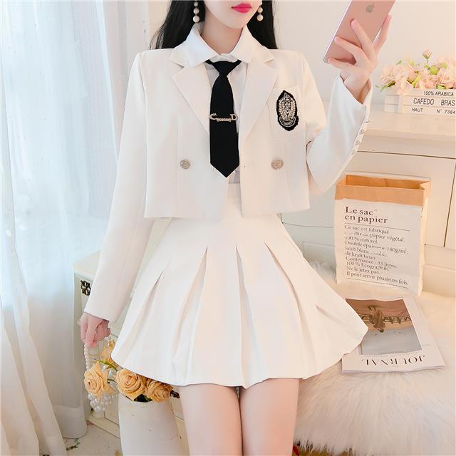 Bộ Áo Khoác Vest + Chân Váy Xếp Ly Dáng Dài Thời Trang Xuân Thu Xinh Xắn Cho Nữ