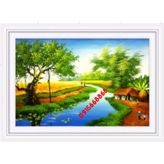 Tranh thêu chữ thập 5d phong cảnh làng quê tuyệt đẹp kt 70*48cm