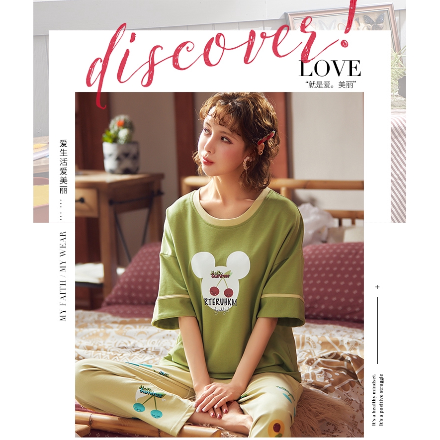 Set Đồ Ngủ Cotton Ngắn Tay In Họa Tiết Hoạt Hình Xinh Xắn Dành Cho Nữ | BigBuy360 - bigbuy360.vn