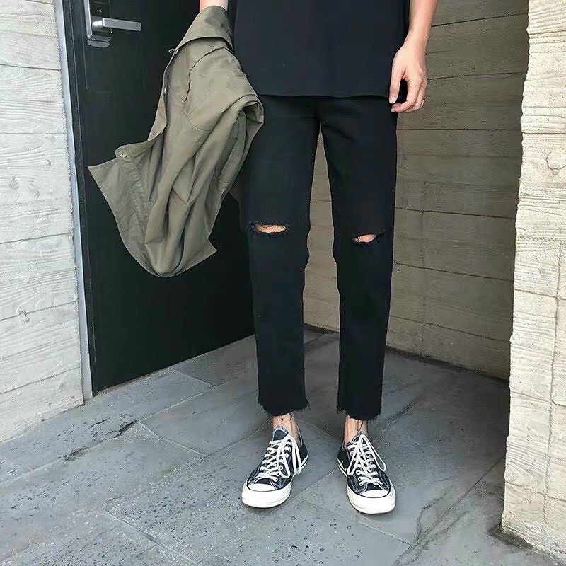 QUẦN BAGGY JEANS ĐEN TRƠN ỐNG SUÔNG RÁCH GỐI UNISEX (có hình chụp thật)