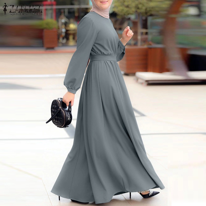 Zanzea Đầm Chữ A Cột Dây Cổ Tròn Màu Trơn Thanh Lịch Đơn Giản Dành Cho Phụ Nữ Hồi Giáo