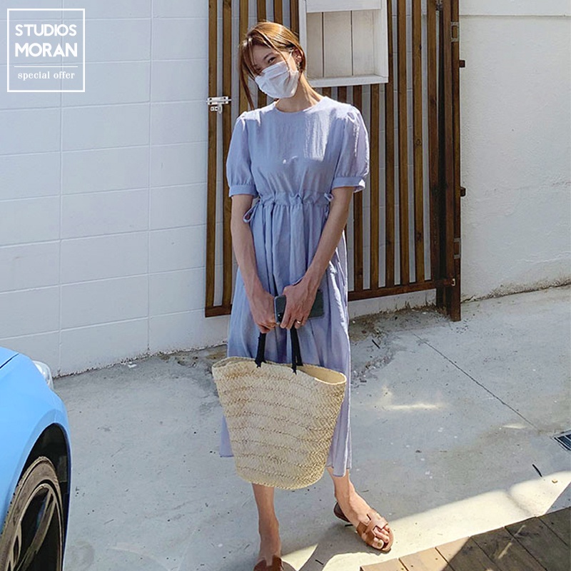 Váy MORAN cộc tay rút eo xòe dài  đơn giản nhẹ nhàng  thanh lịch Hàn Quốc