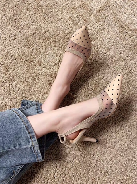Giày cao gót cho nữ mũi nhọn lưới chấm bi cao 7cm nơ gót