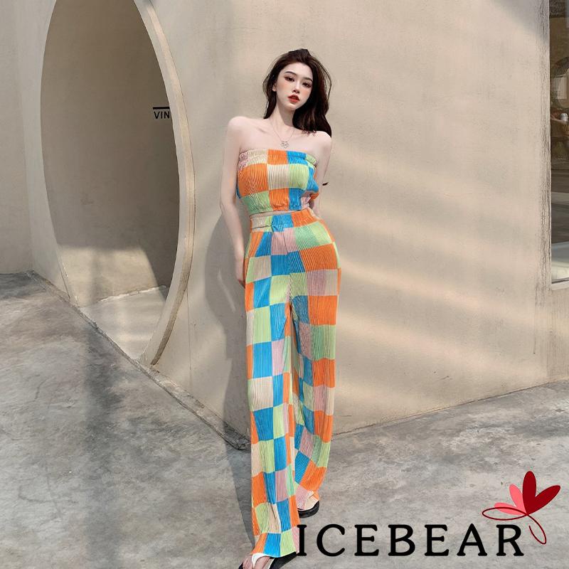 Set Đồ 2 Món Gồm Áo Không Tay Không Dây Họa Tiết Sọc Caro + Quần Lưng Thun Cao Ống Rộng Cho Nữ